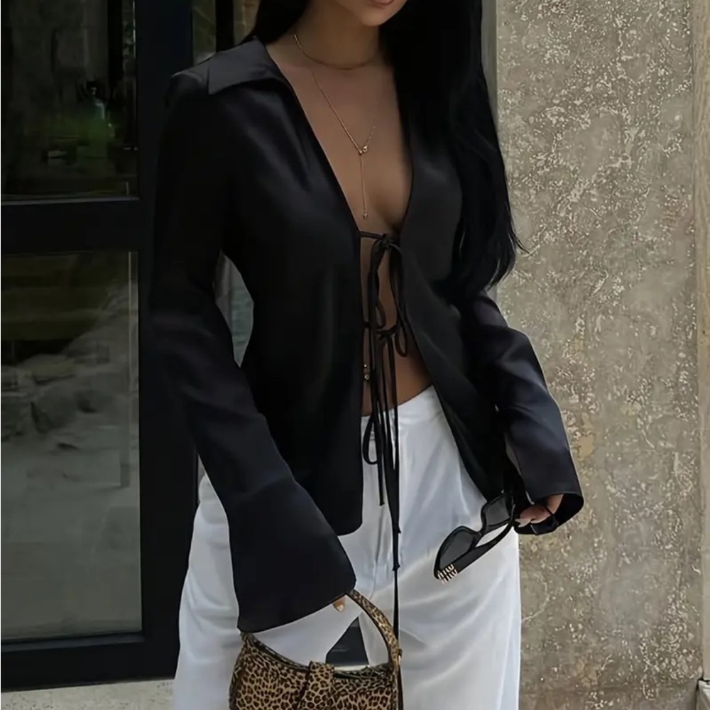 Black Satin Tie-Front Blouse